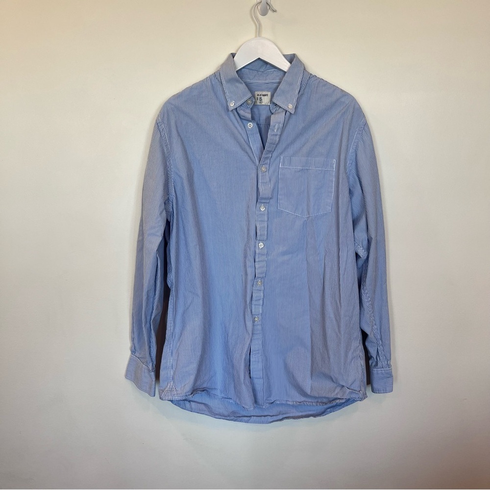 Old Navy Men’s XLT Button Down Long Sleeve Shirt Blue White Stripe Y2K Pocket